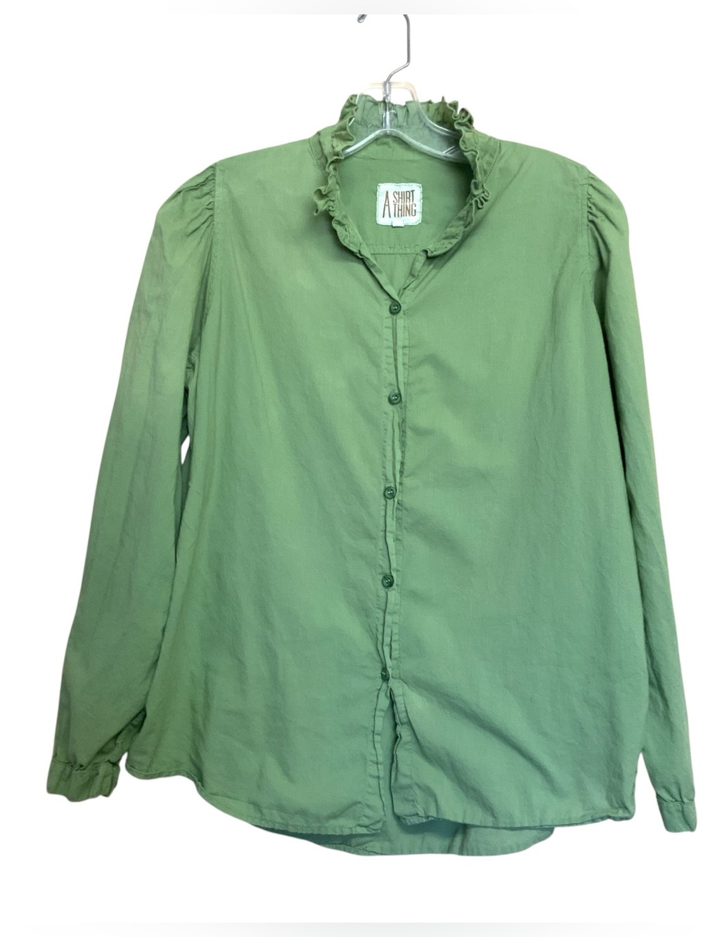 A Shirt Thing Green Ruffle Neck Button Up  Blouse  Coastal